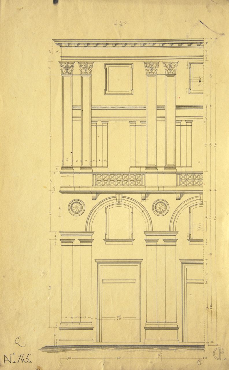 Prospetto principale parzialmente quotato di parte di "casa privata" (disegno architettonico) di Promis Carlo (secondo quarto sec. XIX)
