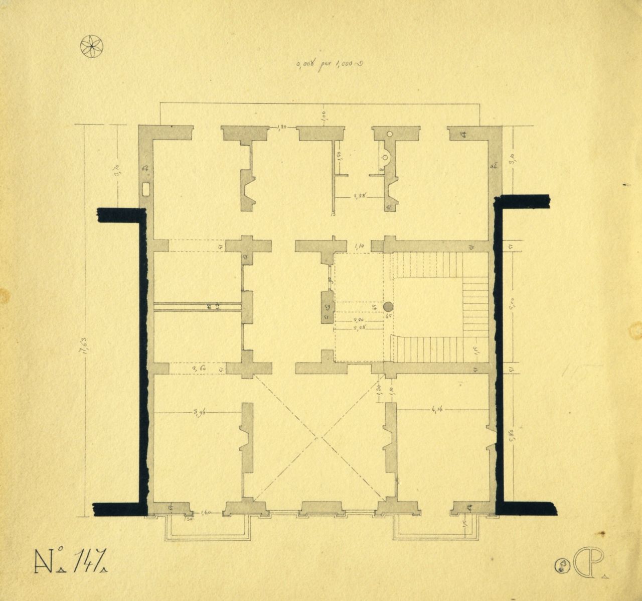 Pianta parzialmente quotata del primo piano di "casa privata" (disegno architettonico) di Promis Carlo (secondo quarto sec. XIX)