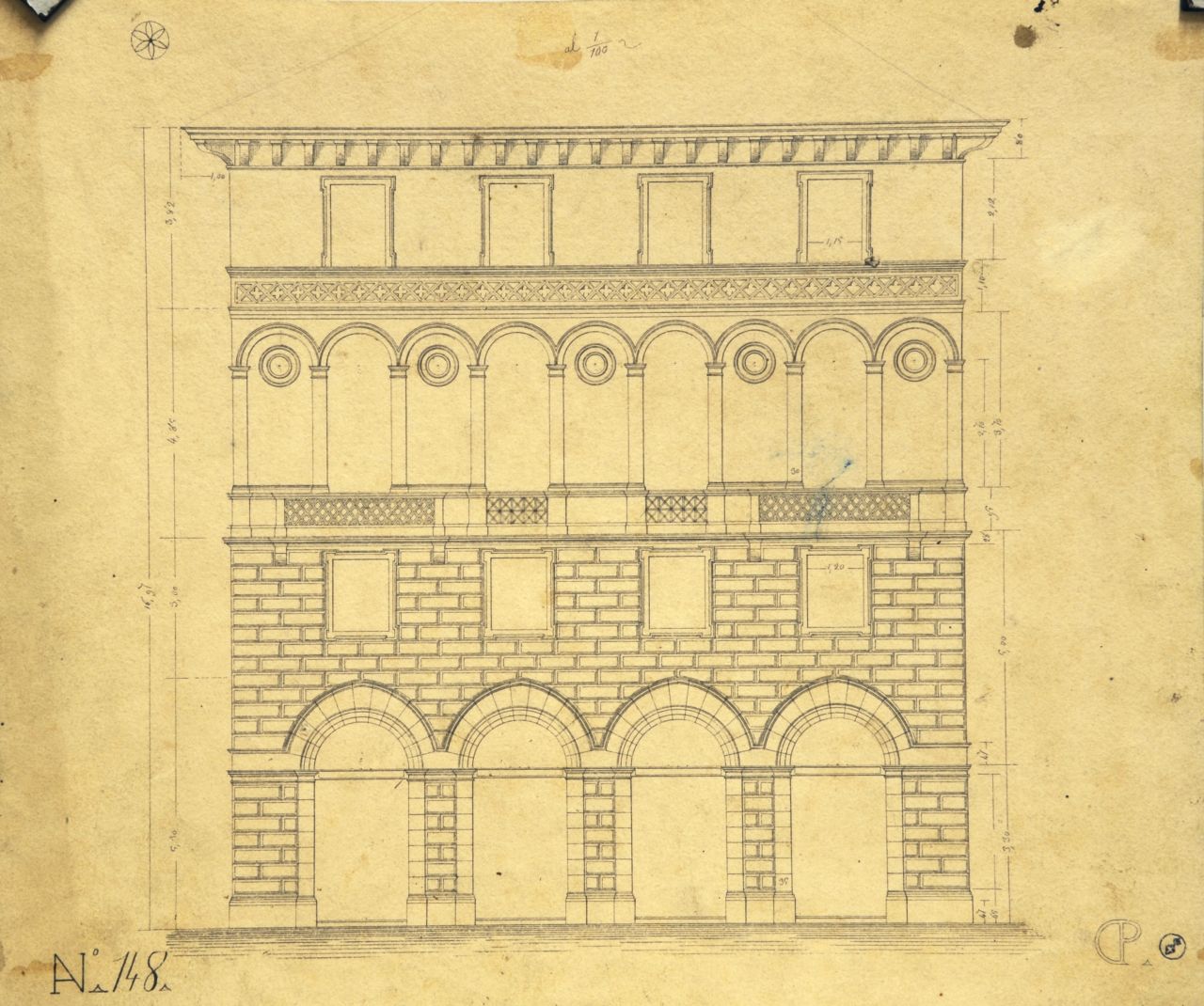 Prospetto principale parzialmente quotato di "casa privata" (disegno architettonico) di Promis Carlo (secondo quarto sec. XIX)