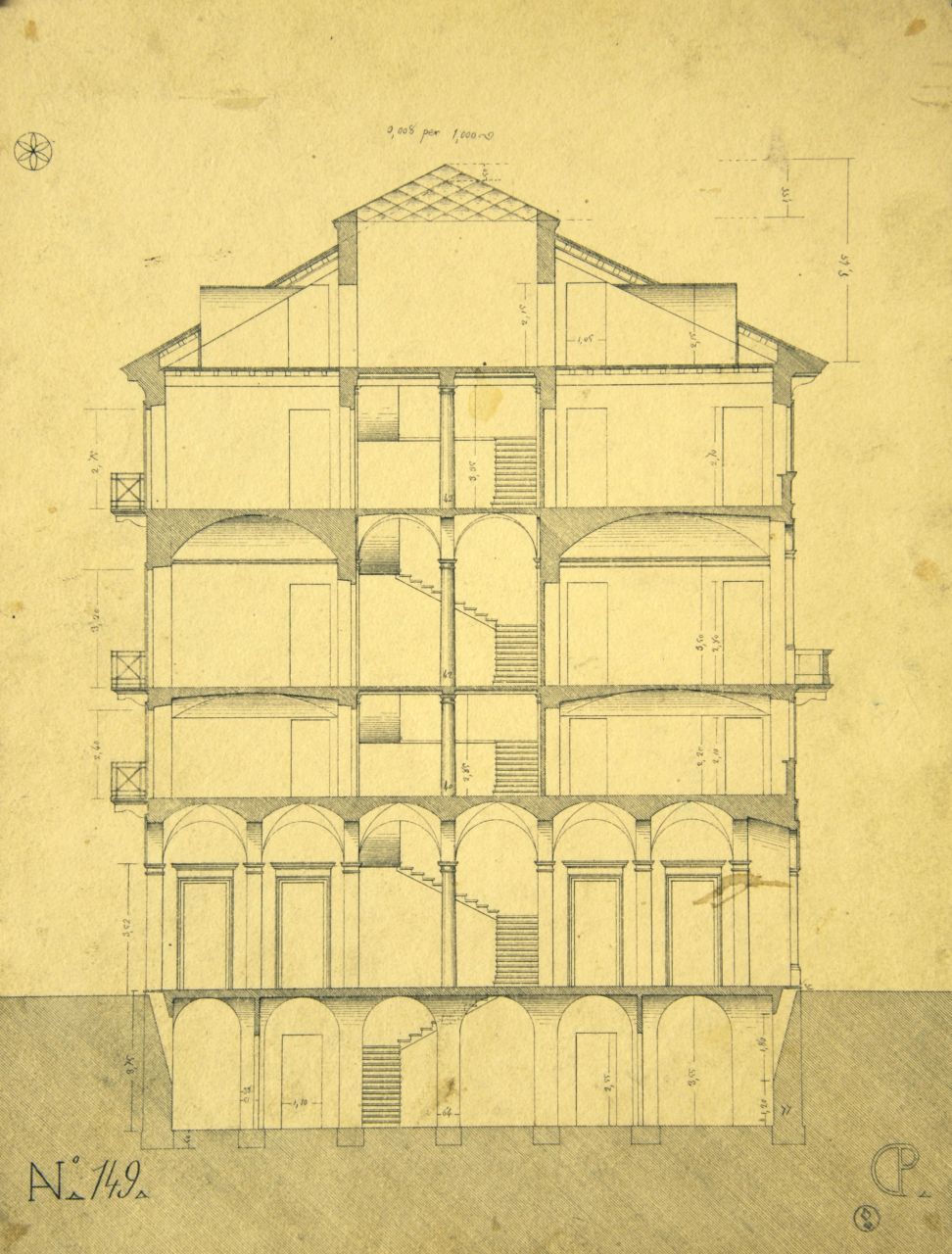 Sezione longitudinale parzialmente quotata di "casa privata" (disegno architettonico) di Promis Carlo (secondo quarto sec. XIX)