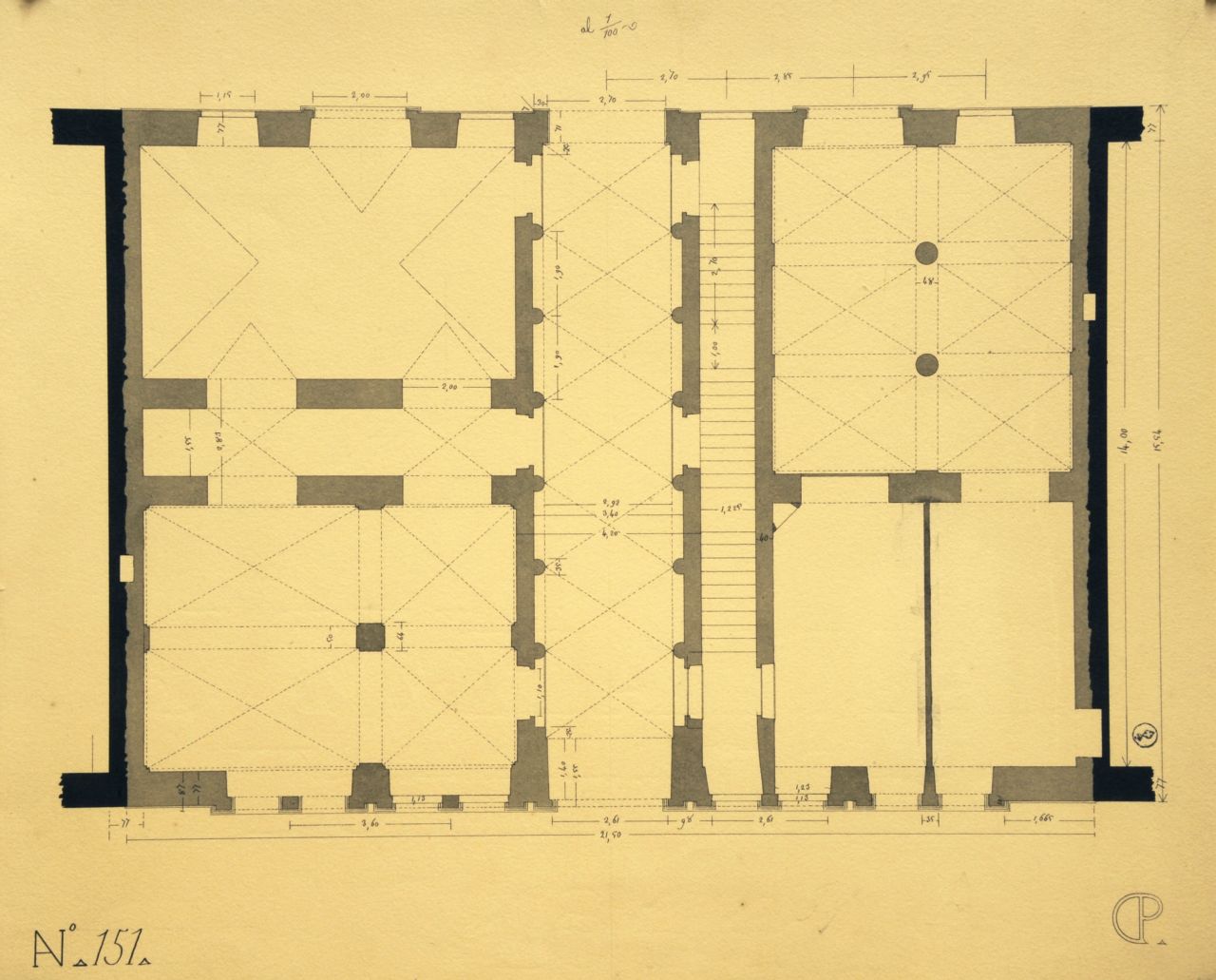 Pianta quotata del piano terreno di edificio a quattro piani (disegno architettonico) di Promis Carlo (secondo quarto sec. XIX)