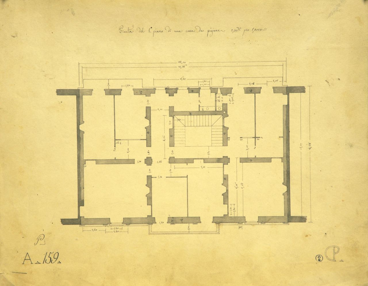 Pianta del 1° piano di una casa da pigione, Pianta quotata del primo piano di "casa da pigione" (disegno architettonico) di Promis Carlo (secondo quarto sec. XIX)