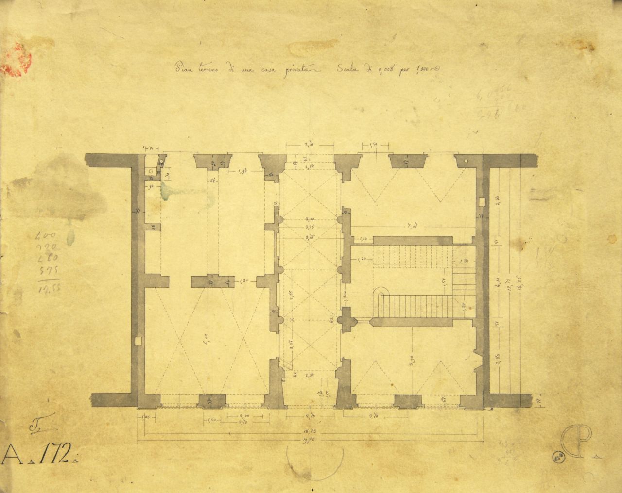 Pian terreno di una casa privata, Pianta quotata del piano terreno di "casa privata" (disegno architettonico) di Promis Carlo (secondo quarto sec. XIX)