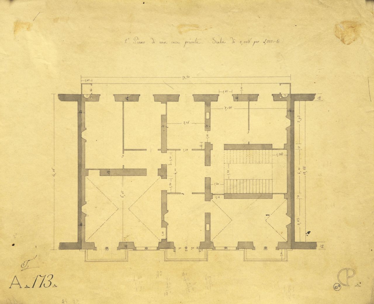 1° Piano di una casa privata, Pianta quotata del primo piano di "casa privata" (disegno architettonico) di Promis Carlo (secondo quarto sec. XIX)