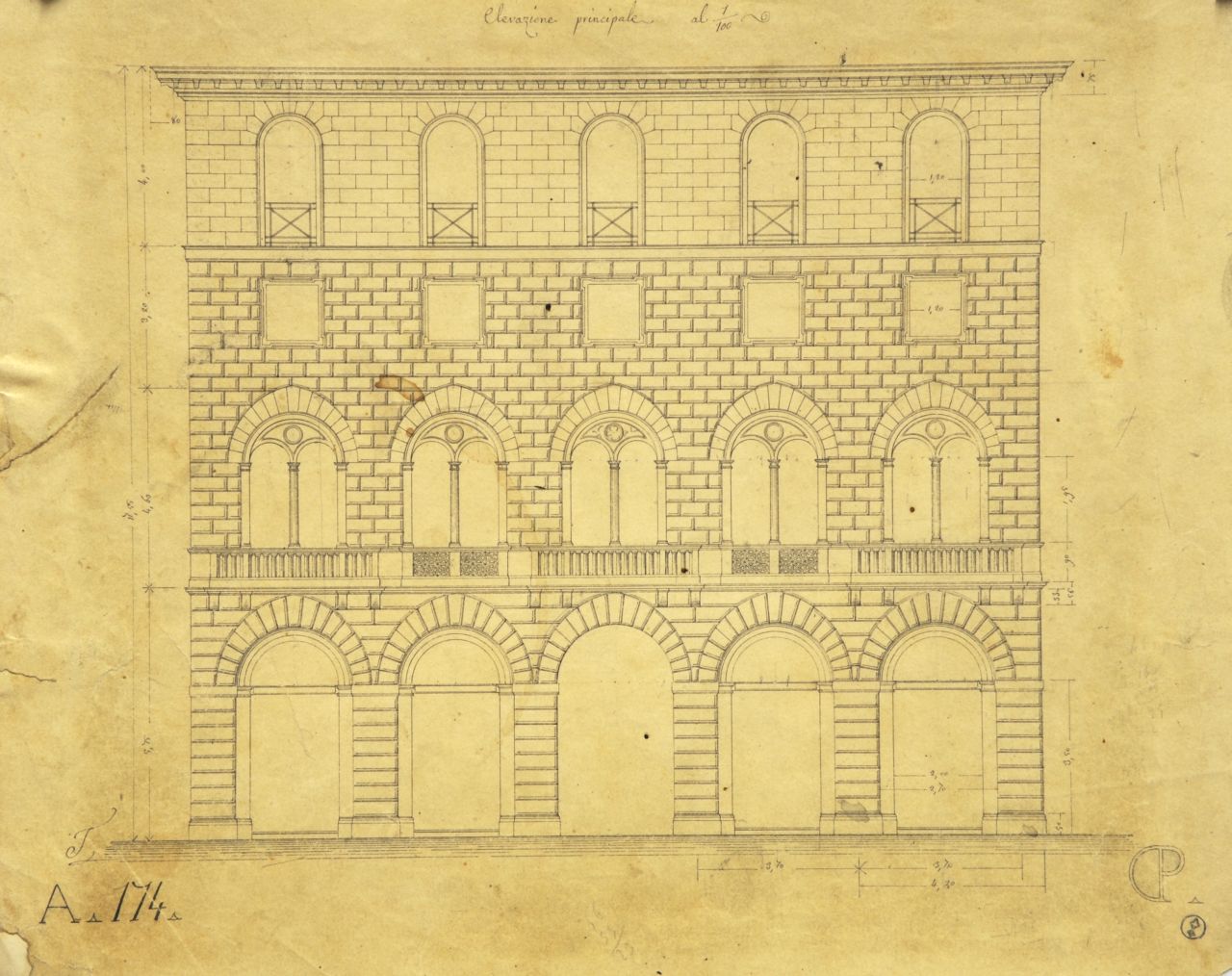 Elevazione principale, Prospetto principale quotato di "casa privata" (disegno architettonico) di Promis Carlo (secondo quarto sec. XIX)