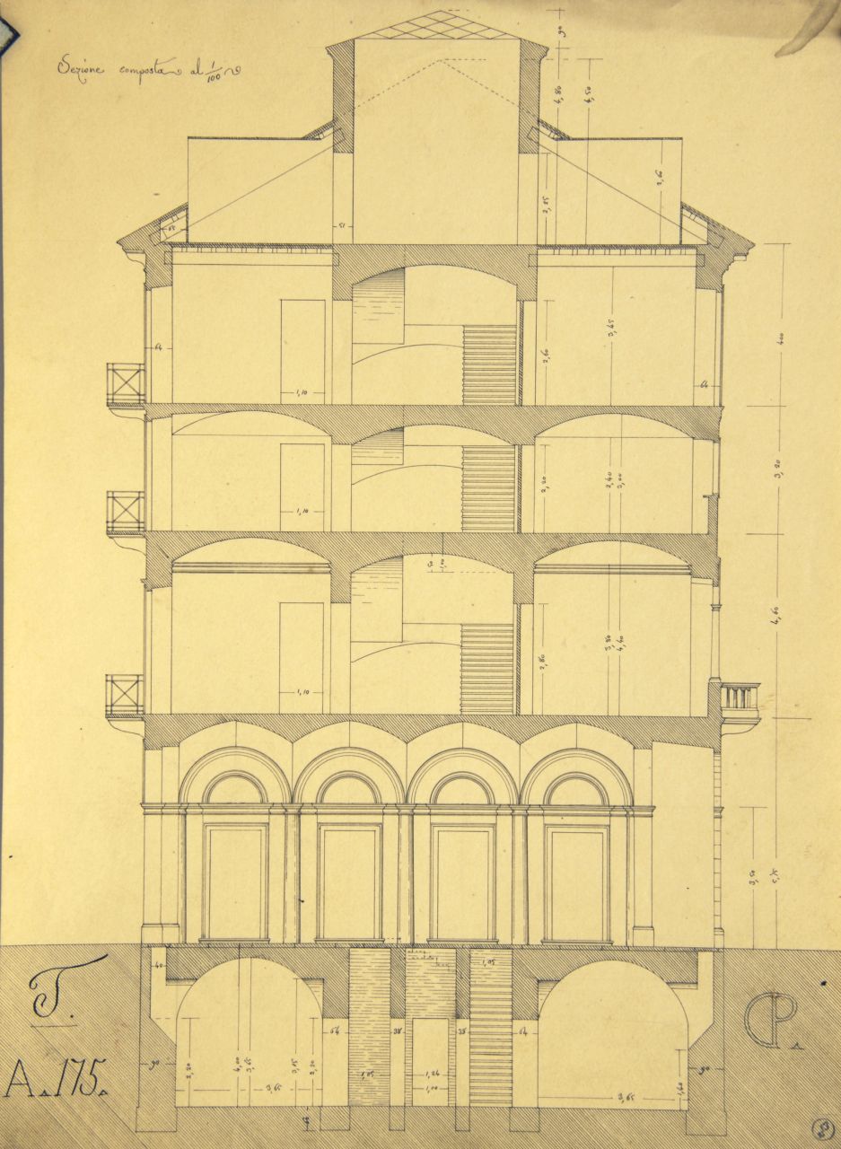 Sezione composta, Sezione longitudinale quotata di "casa privata" (disegno architettonico) di Promis Carlo (secondo quarto sec. XIX)