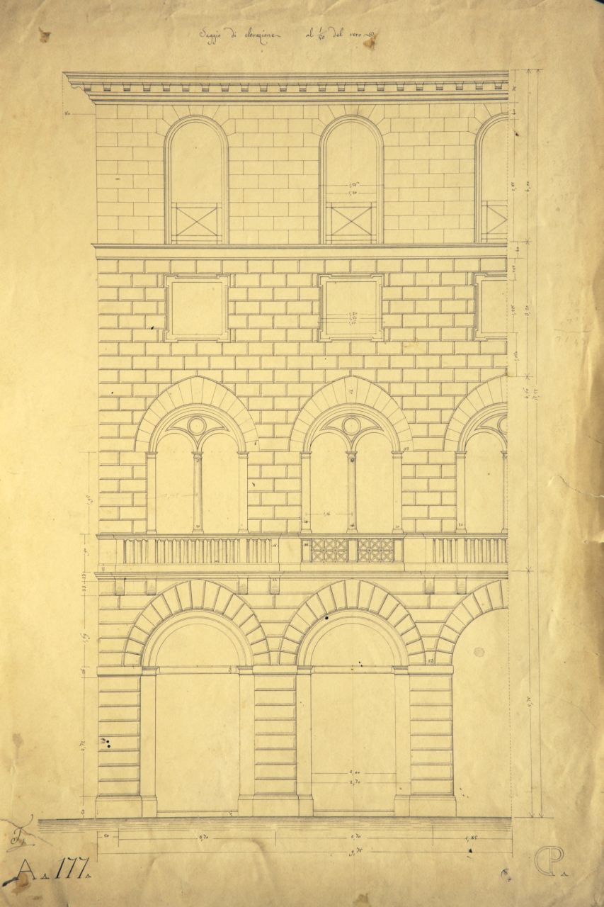 Saggio di elevazione, Prospetto principale quotato di parte di "casa privata" (disegno architettonico) di Promis Carlo (secondo quarto sec. XIX)