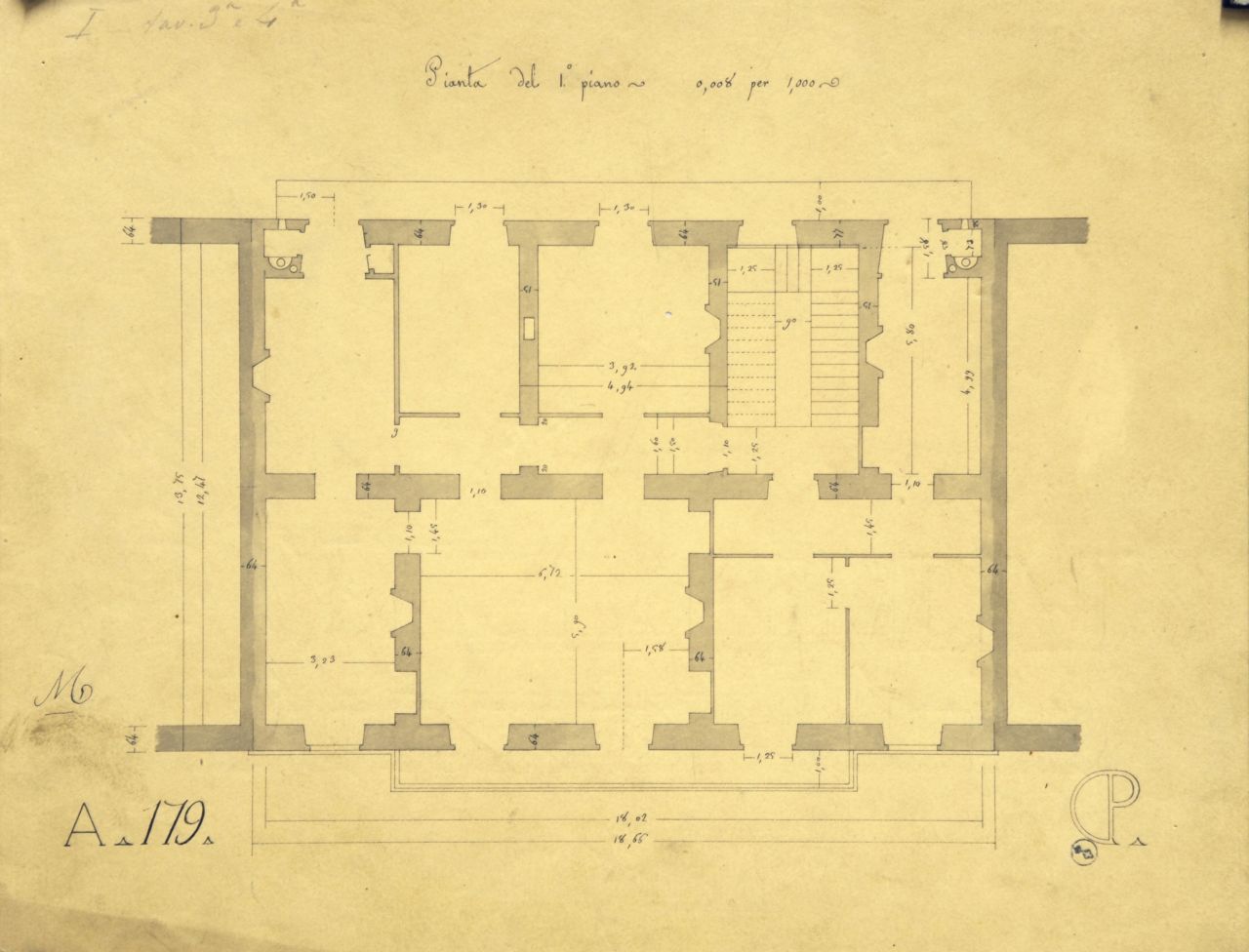 Pianta del 1° piano, Pianta quotata del primo piano di "casa da pigione" (disegno architettonico) di Promis Carlo (secondo quarto sec. XIX)