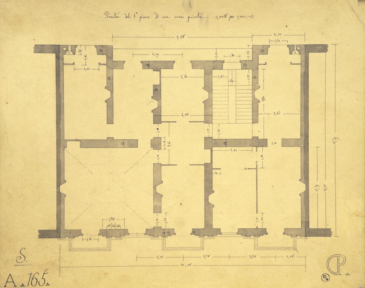Pianta del 1° piano di una casa privata, Pianta quotata del primo piano di "casa privata" (disegno architettonico) di Promis Carlo (secondo quarto sec. XIX)