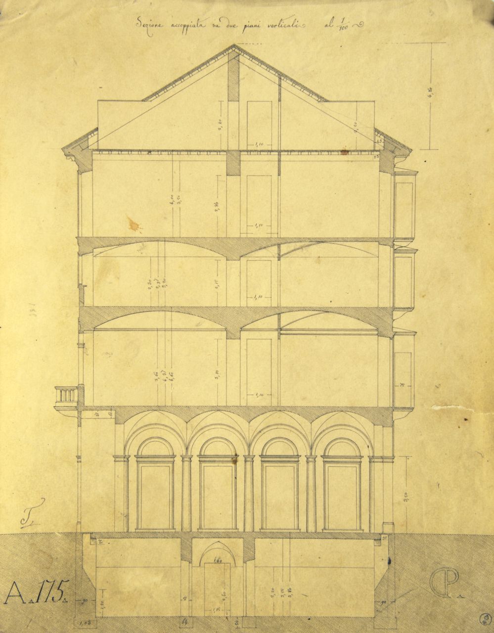 Sezione accoppiata su due piani verticali, Sezione longitudinale parzialmente quotata di "casa privata" (disegno architettonico) di Promis Carlo (secondo quarto sec. XIX)