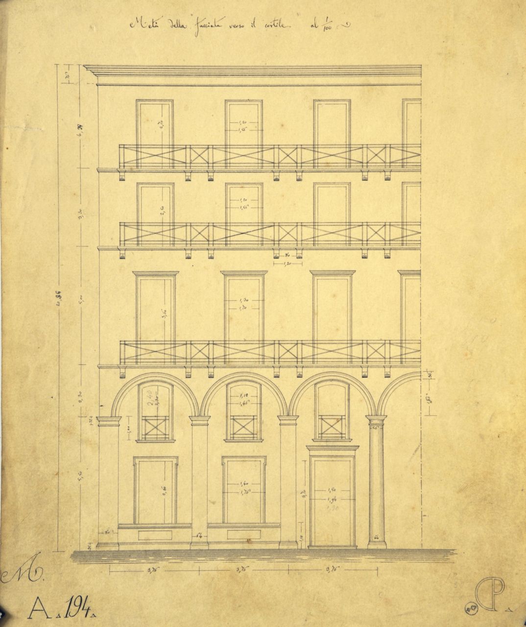 Metà della facciata verso il cortile, Prospetto interno quotato di parte di "casa da pigione" (disegno architettonico) di Promis Carlo (metà sec. XIX)