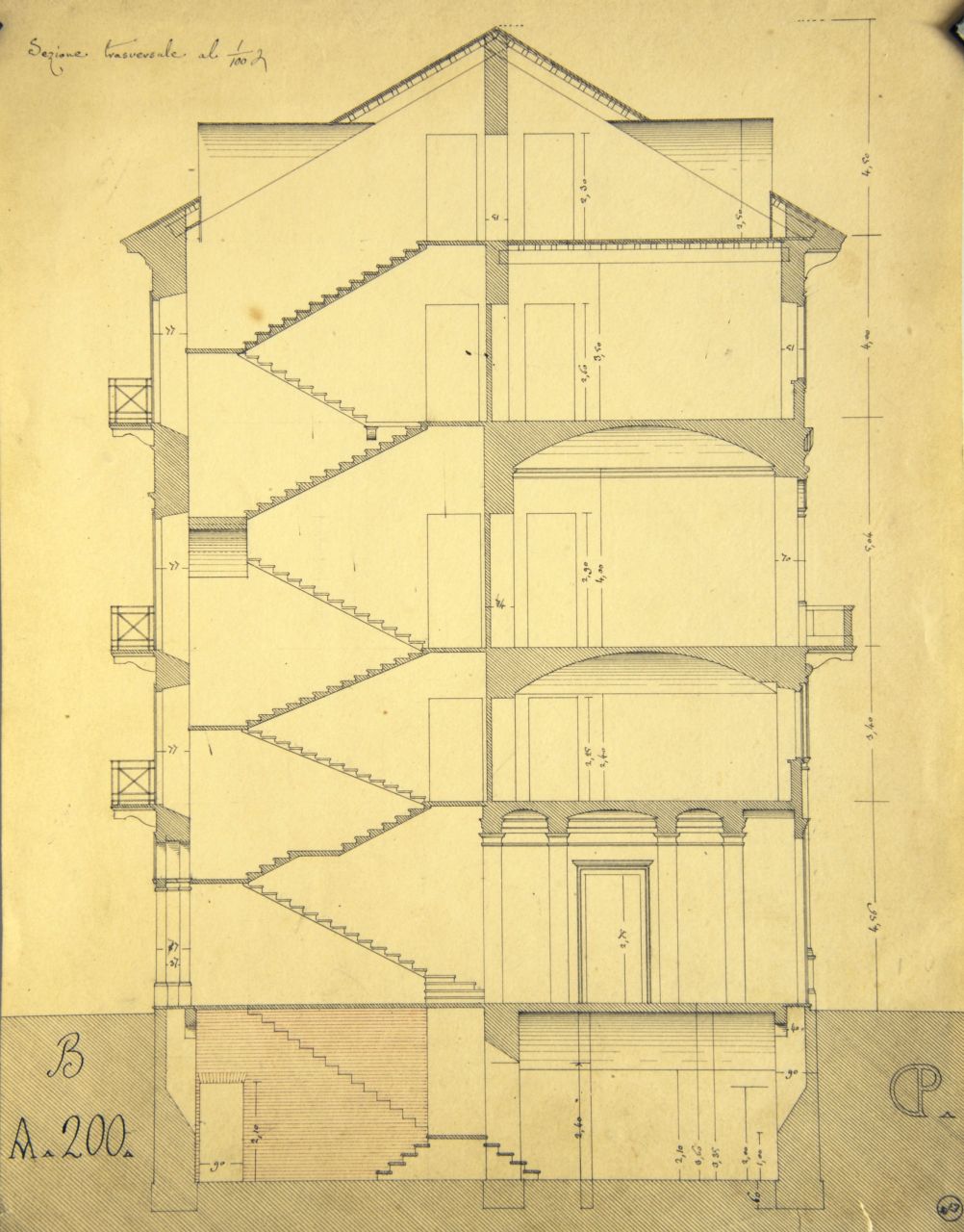 Sezione trasversale, Sezione longitudinale parzialmente quotata di edificio a quattro piani (disegno architettonico) di Promis Carlo (metà sec. XIX)