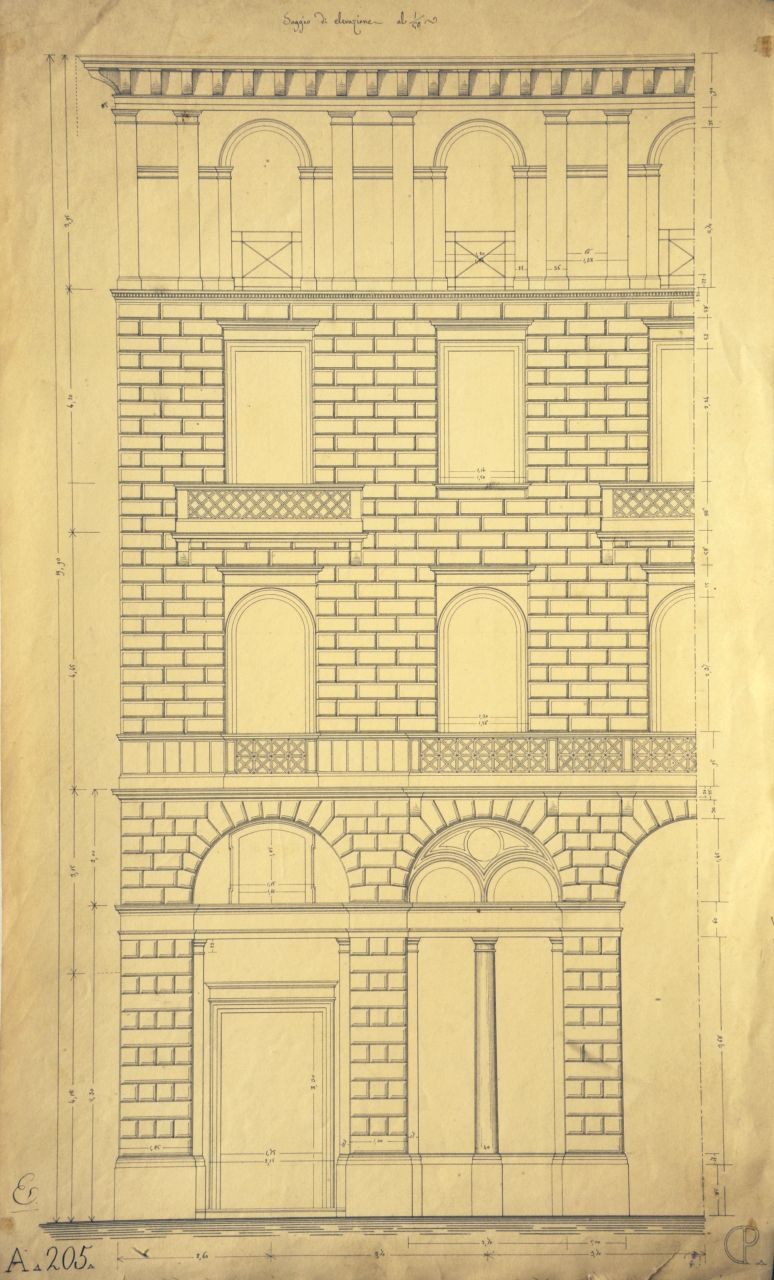 Saggio di elevazione, Prospetto principale quotato di parte di edificio a cinque piani (disegno architettonico) di Promis Carlo (metà sec. XIX)