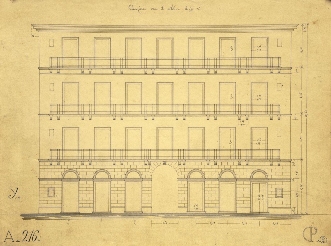 Elevazione verso il cortile, Prospetto interno quotato di "casa privata" (disegno architettonico) di Promis Carlo (metà sec. XIX)