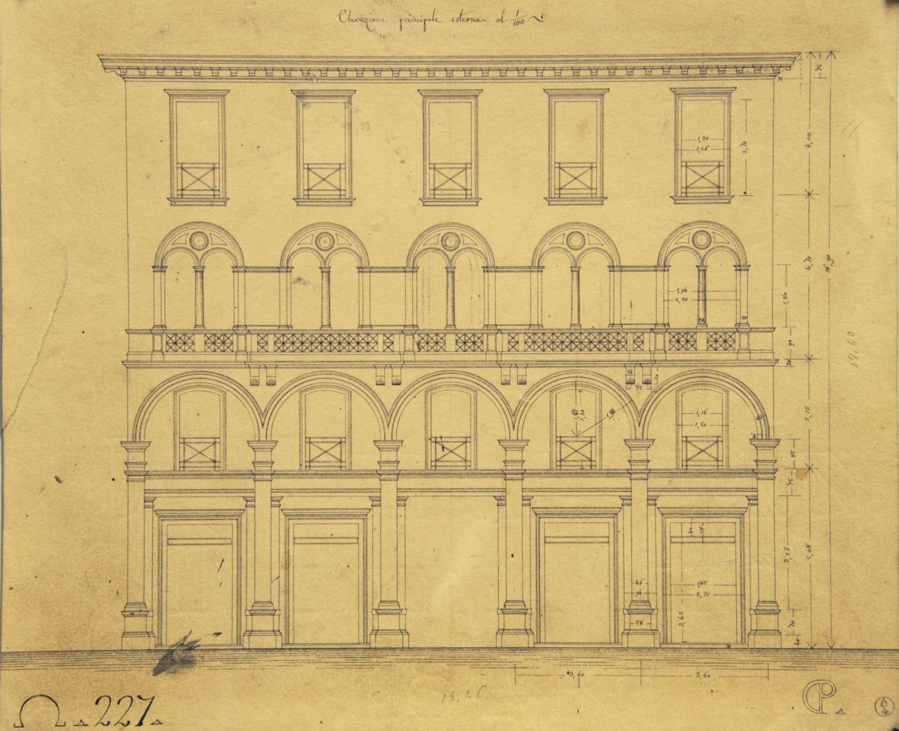 Elevazione principale esterna, Prospetto principale quotato di "casa privata" (disegno architettonico) di Promis Carlo (metà sec. XIX)