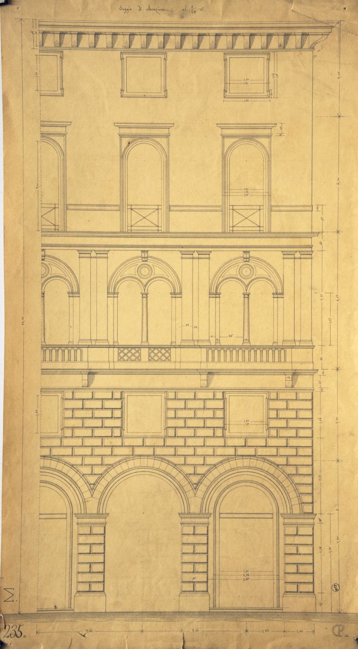 Saggio di elevazione, Prospetto principale quotato di parte di edificio a cinque piani (disegno architettonico) di Promis Carlo (metà sec. XIX)