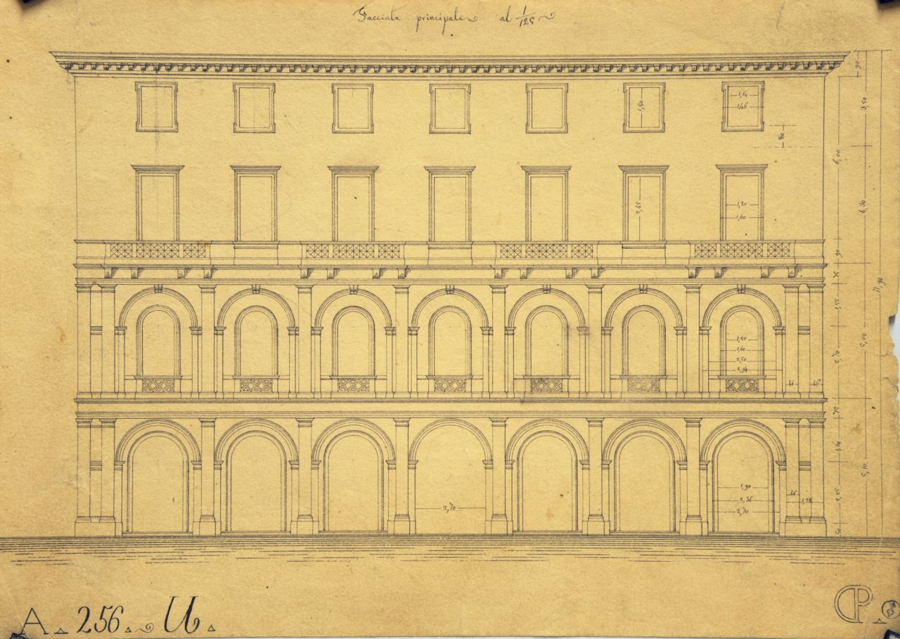 Facciata principale, Prospetto principale parzialmente quotato di "casa privata" (disegno architettonico) di Promis Carlo (metà sec. XIX)
