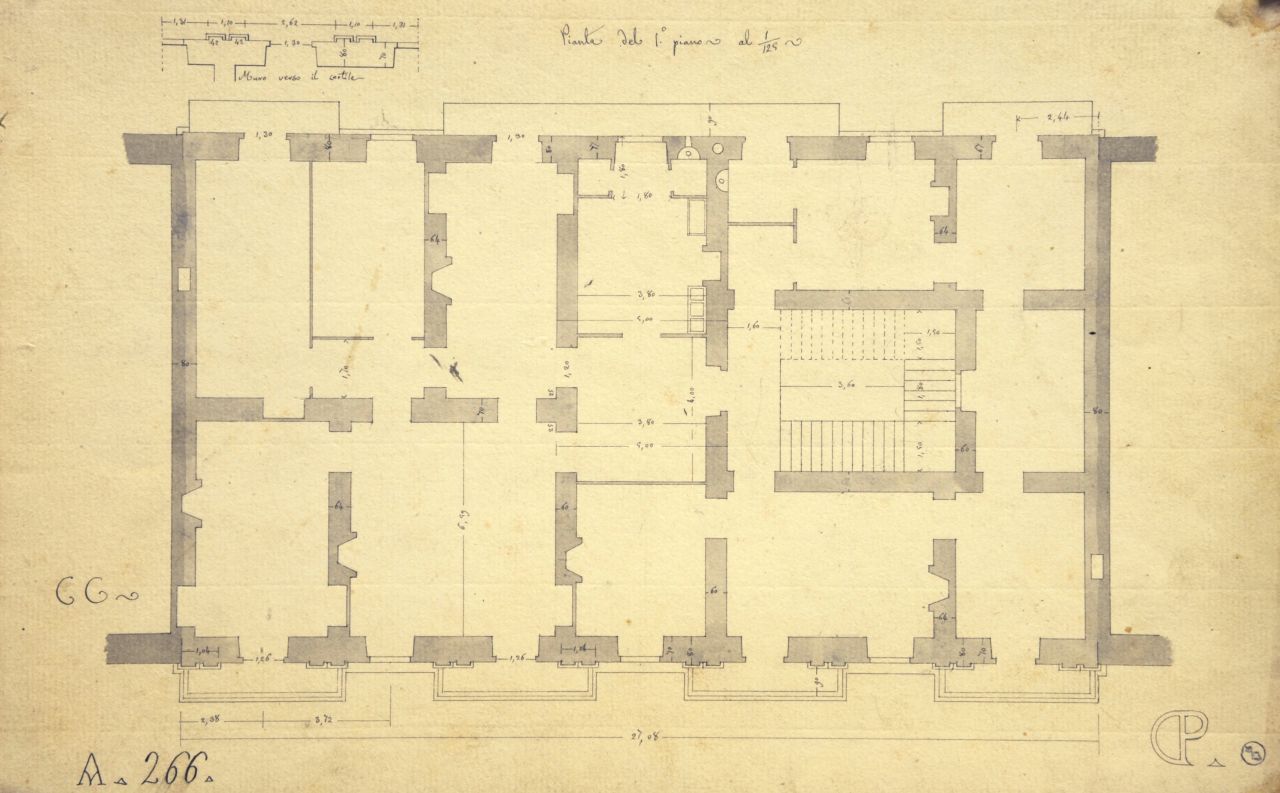 Pianta del 1° piano, Pianta parzialmente quotata del primo piano e pianta quotata del particolare delle aperture del primo piano verso il cortile di "casa da pigione" (disegno architettonico) di Promis Carlo (terzo quarto sec. XIX)