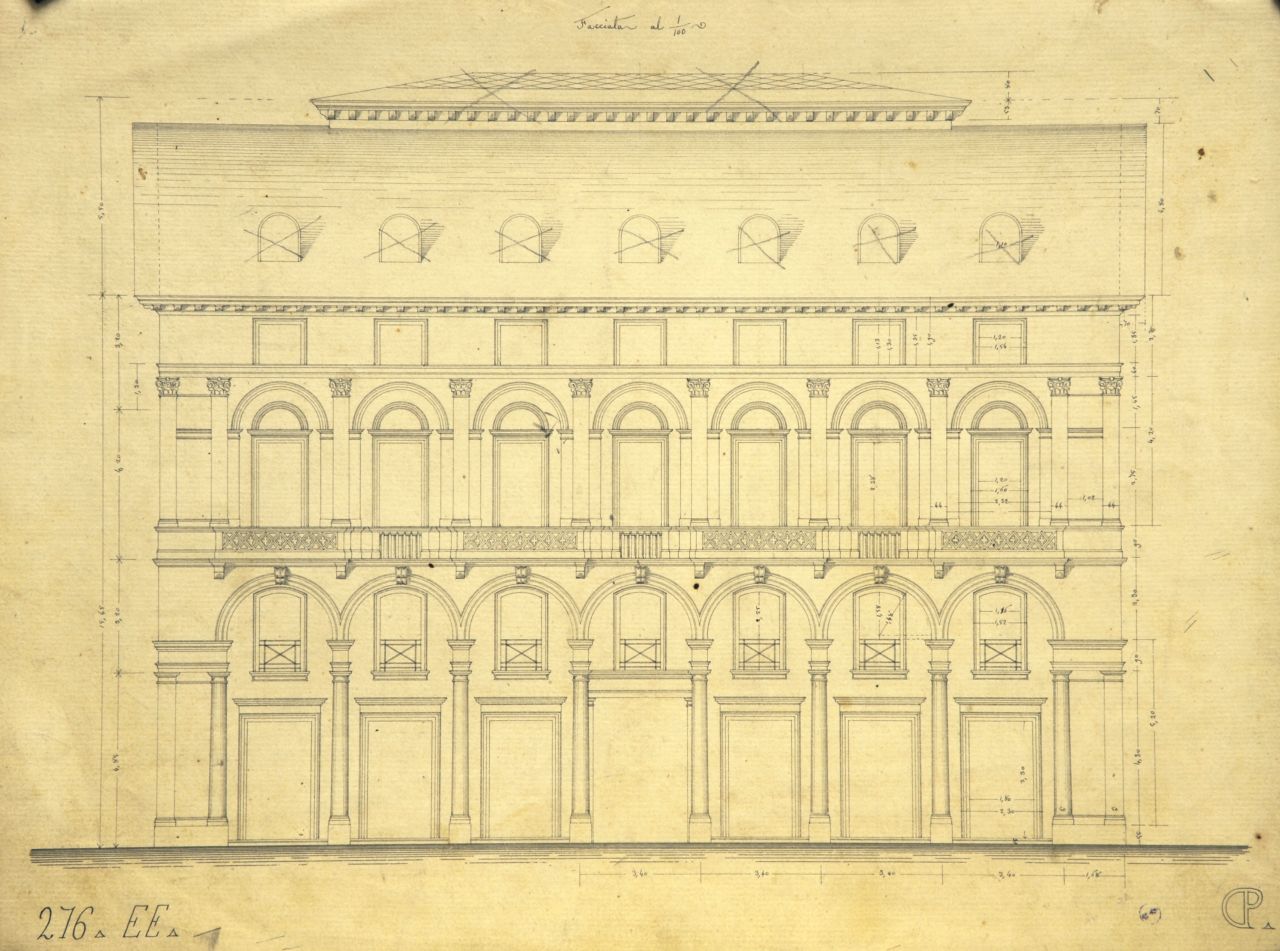 Edificio a quattro piani (cinque su cortile) e schizzo di parte di "piazza Madama Cristina" (disegno architettonico) di Promis Carlo (terzo quarto sec. XIX)