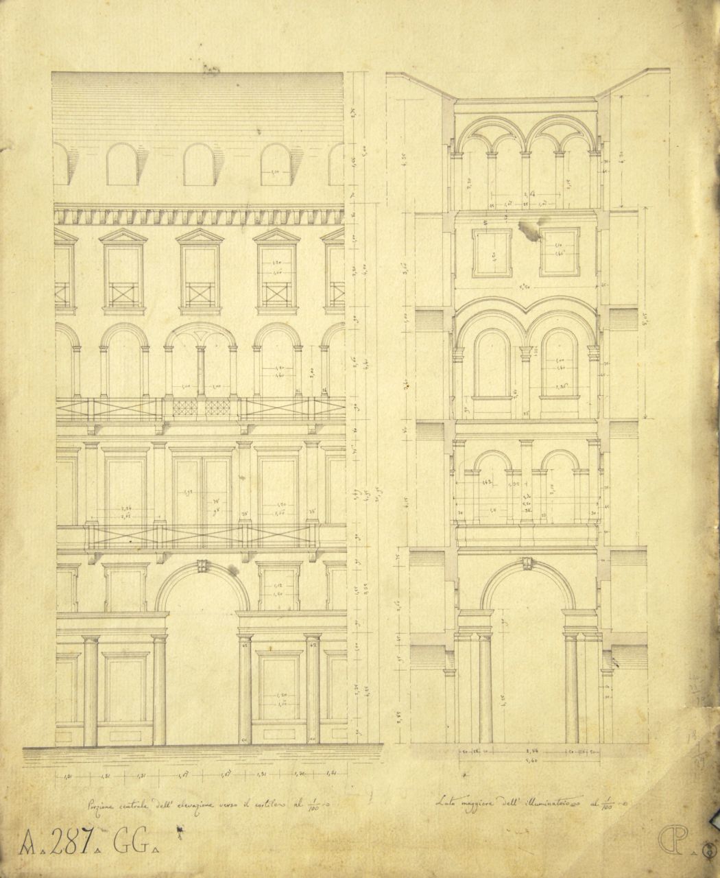 Porzione centrale dell'elevazione verso il cortile, Lato maggiore dell'illuminatorio, Prospetto interno quotato di parte di "casa da pigione"; sezione trasversale quotata di parte di "casa da pigione" (disegno architettonico) di Promis Carlo (terzo quarto sec. XIX)
