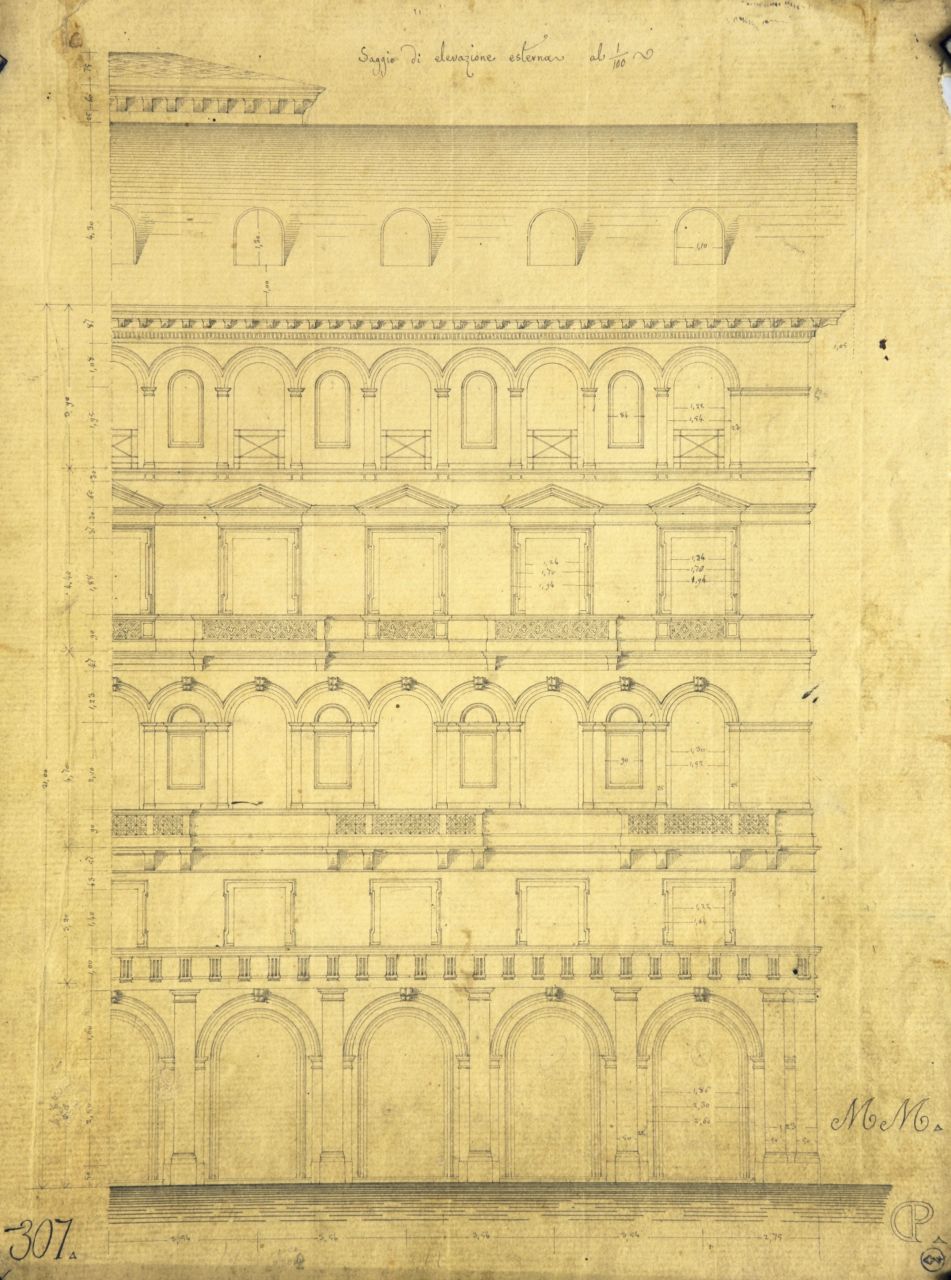 Saggio di elevazione esterna, Prospetto principale quotato di parte di "casa privata" (disegno architettonico) di Promis Carlo (terzo quarto sec. XIX)