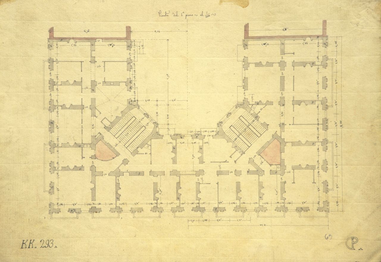 Pianta del 1° piano, Pianta quotata del primo piano di "casa privata" (disegno architettonico) di Promis Carlo (terzo quarto sec. XIX)