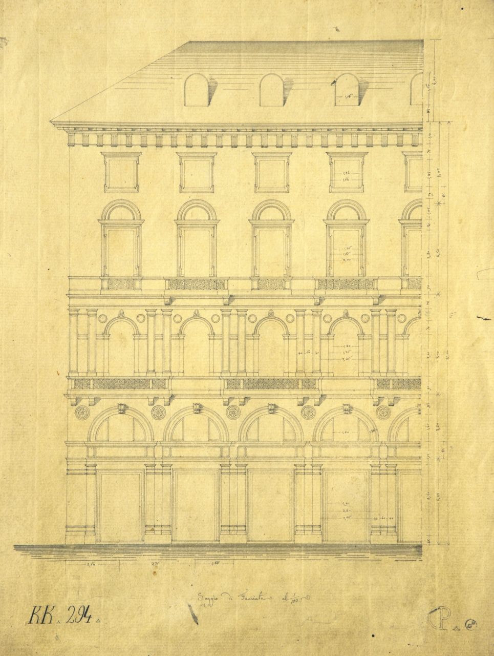 Saggio di facciata, Prospetto principale quotato di parte di "casa privata" (disegno architettonico) di Promis Carlo (terzo quarto sec. XIX)