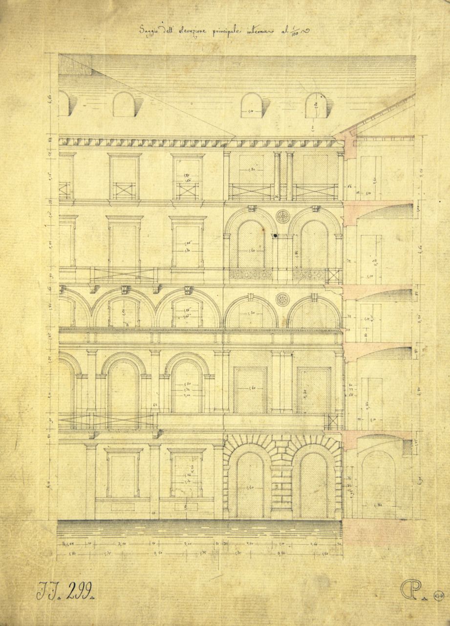 Saggio dell'elevazione principale interna, Prospetto interno quotato di parte di "casa privata" (disegno architettonico) di Promis Carlo (terzo quarto sec. XIX)