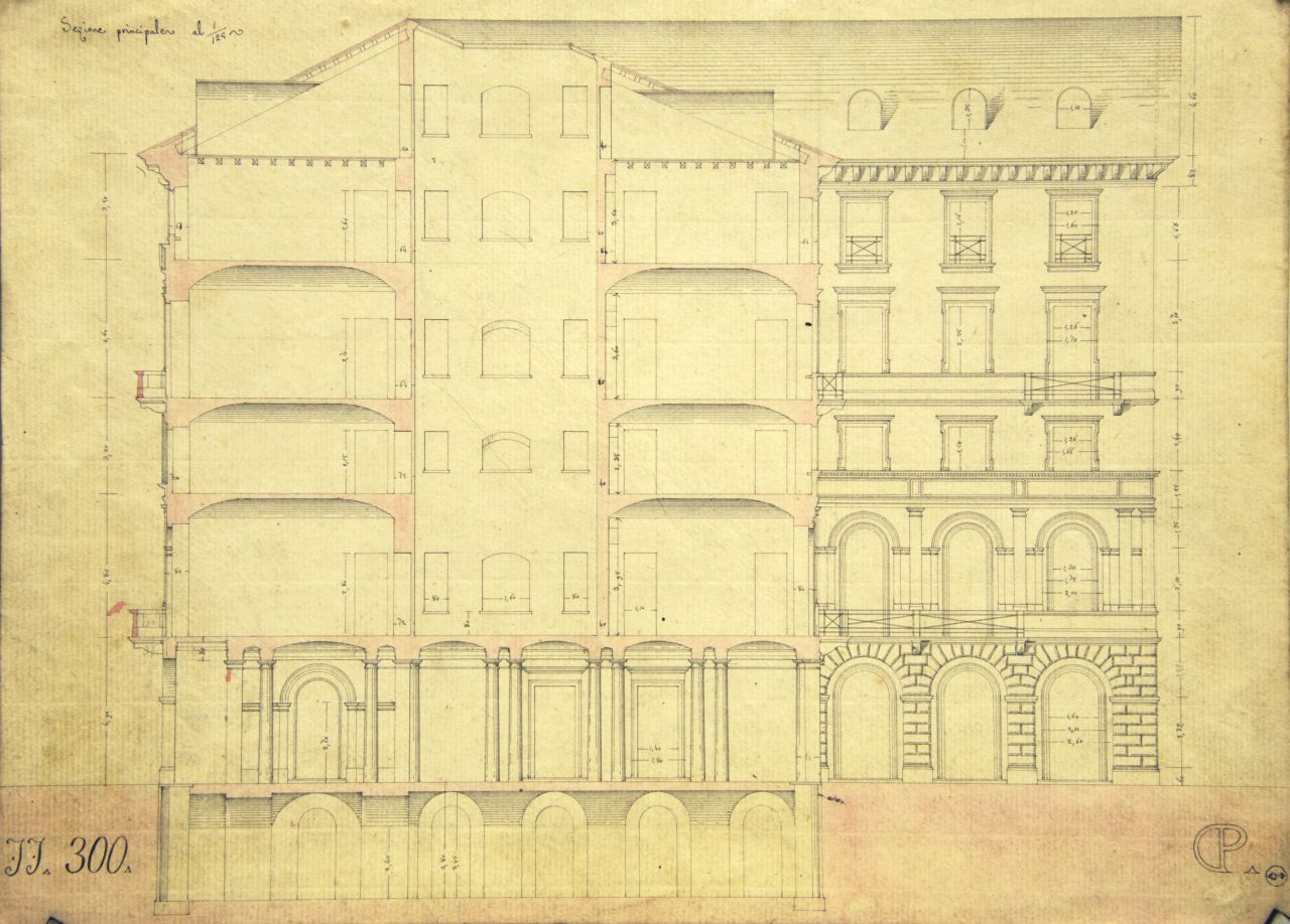 Sezione principale, Sezione longitudinale parzialmente quotata di "casa privata" (disegno architettonico) di Promis Carlo (terzo quarto sec. XIX)