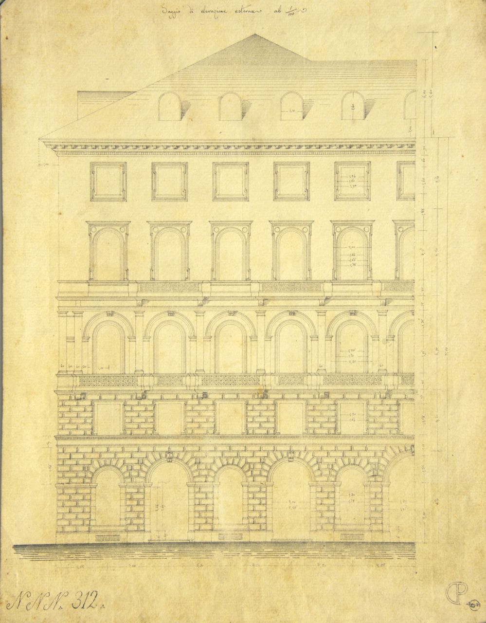 Saggio di elevazione esterna, Prospetto principale quotato di parte di "casa privata" (disegno architettonico) di Promis Carlo (terzo quarto sec. XIX)