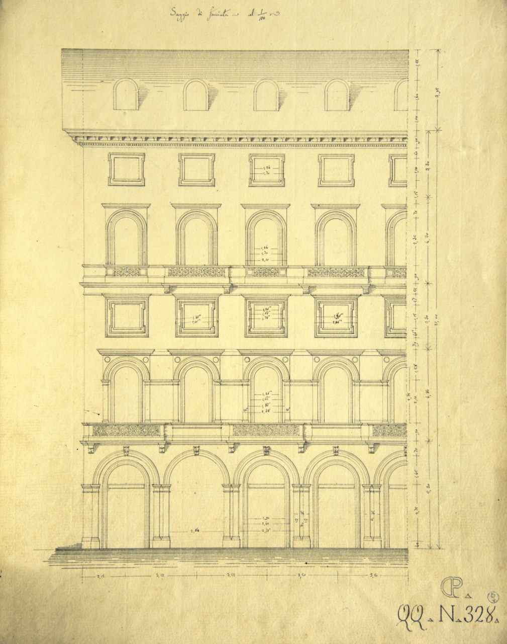 Saggio di facciata, Prospetto principale quotato di parte di "casa da pigione" (disegno architettonico) di Promis Carlo (terzo quarto sec. XIX)