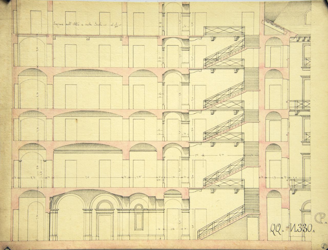 Sezione sull'Atrio e sulla Scala, Sezione trasversale quotata di parte di "casa da pigione" (disegno architettonico) di Promis Carlo (terzo quarto sec. XIX)