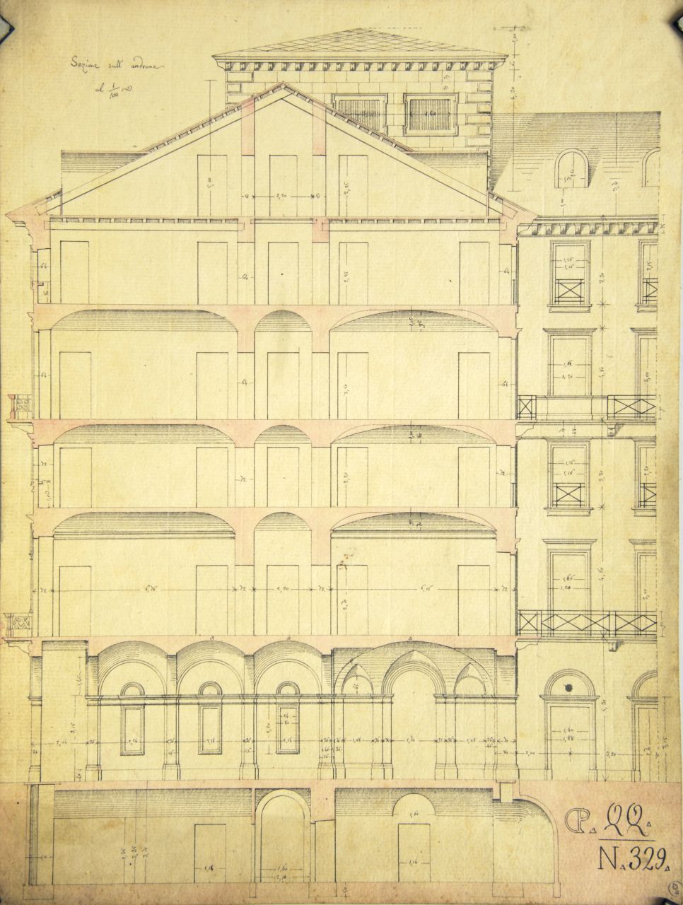 Sezione sull'androne, Sezione longitudinale quotata di "casa da pigione" (disegno architettonico) di Promis Carlo (terzo quarto sec. XIX)