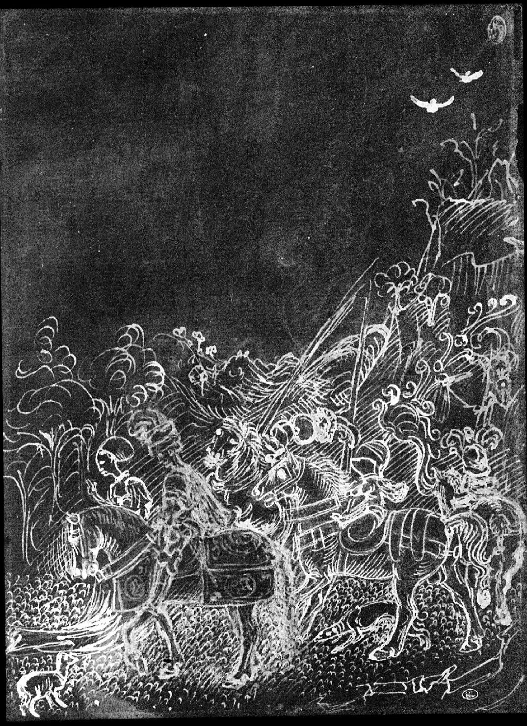 Scena cavalleresca in un paesaggio montano - Disegni - Esposizioni (negativo) di Antonio, Pisano (detto Pisanello), Anonimo (XX)