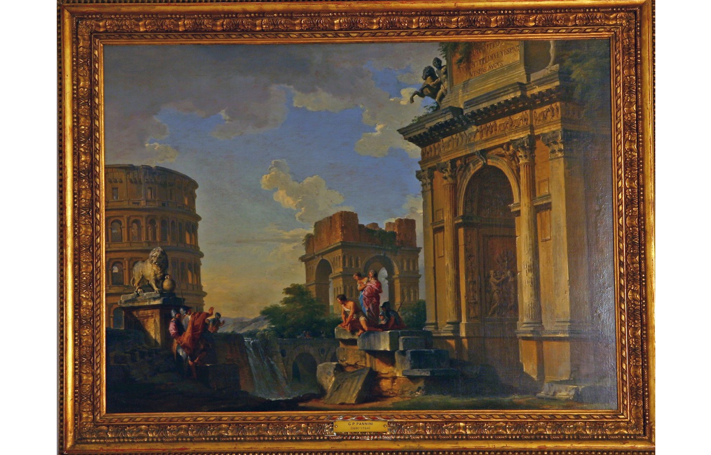 Paesaggio con arco di trionfo arco di Tito ed anfiteatro, paesaggio (dipinto) di Giovanni Paolo Panini (attribuito) (secondo quarto sec.XVIII)