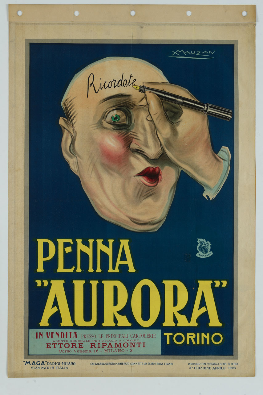 mano con stilografica scrive sulla fronte di un volto maschile (manifesto) di Mauzan Achille Luciano, MAGA (sec. XX)