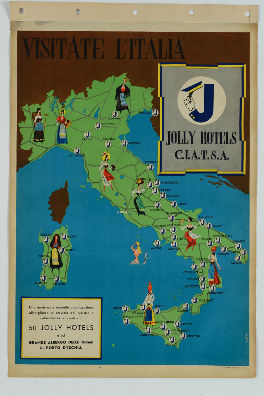 sagoma dell'Italia con figure femminili in abiti tradizionali (manifesto) di Piffero Luigi (sec. XX)
