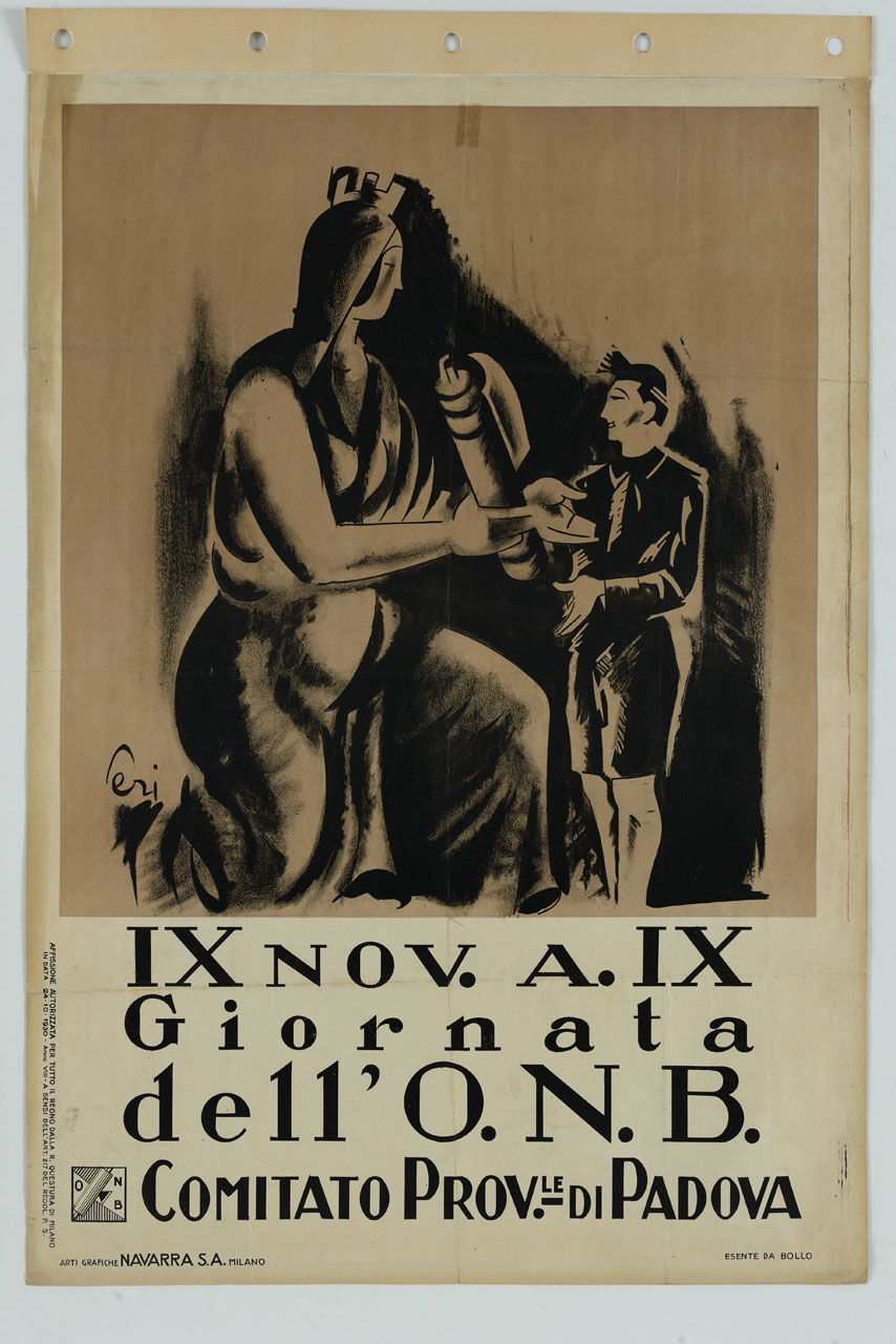 Italia turrita consegna il fascio littorio ad un giovane (manifesto) di Perissinotto Giorgio detto Peri (sec. XX)