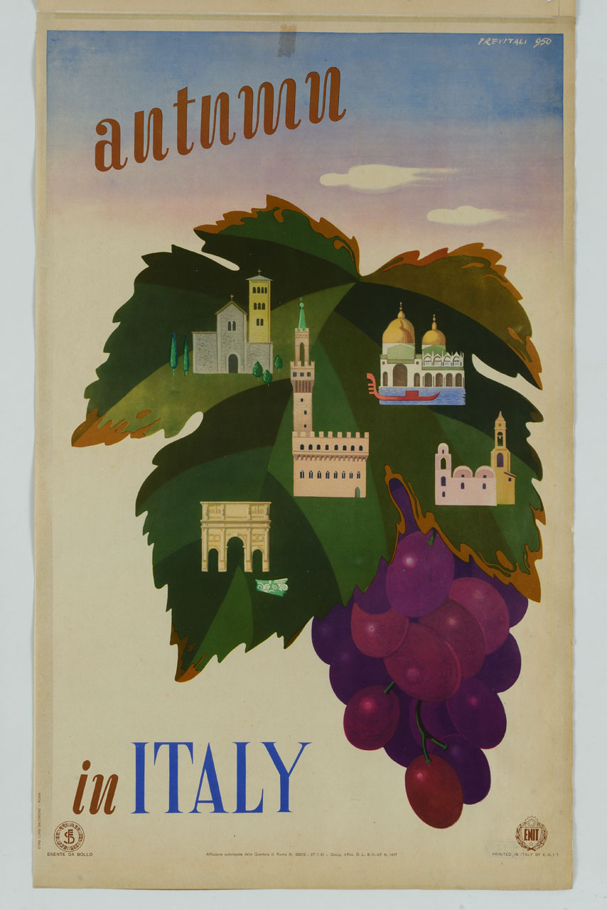 foglia di vite e grappolo d'uva con monumenti storici italiani (manifesto) di Previtali Delfo (sec. XX)
