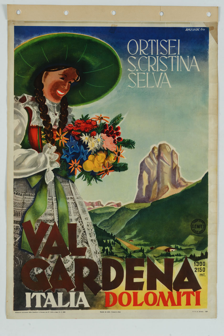 veduta della Val Gardena con figura femminile in abiti tradizionali (manifesto) di Patsch Luis (sec. XX)