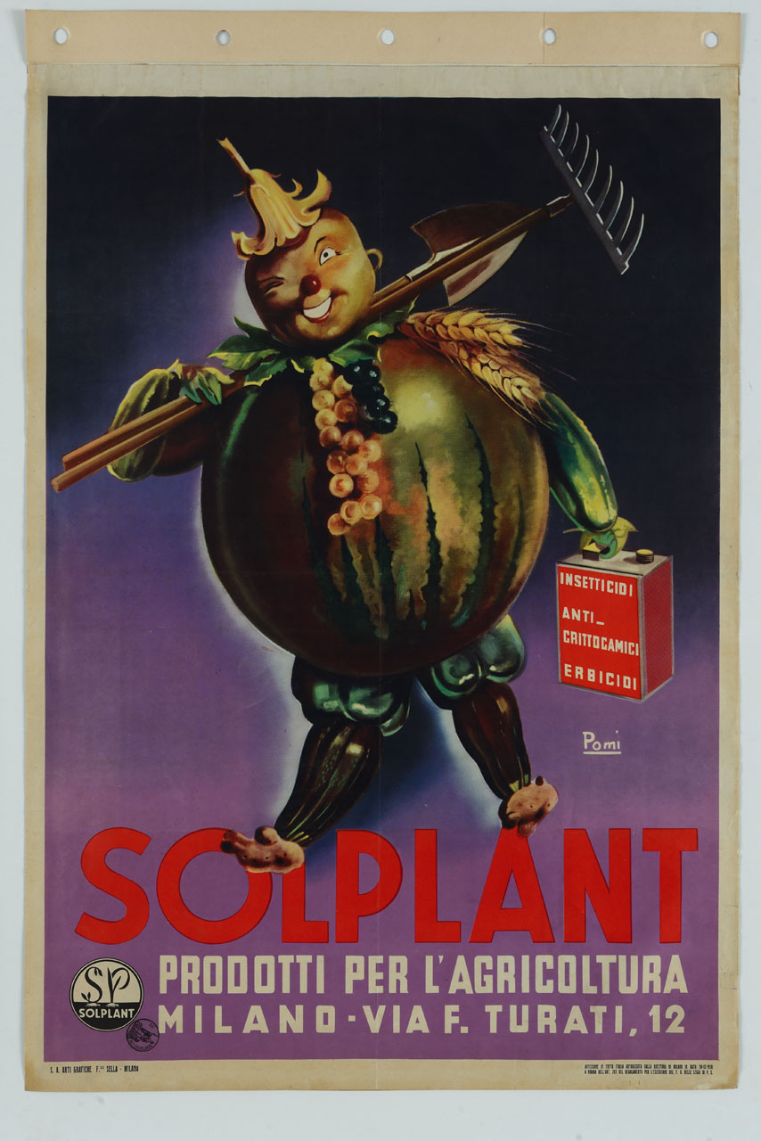 agricoltore composto da frutta e verdura con vanga, rastrello e tanica di latta (manifesto) di Pomi Alessandro (sec. XX)