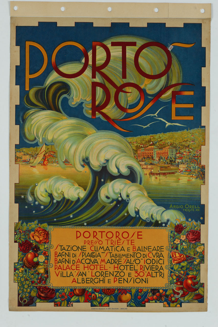 veduta di Porto Rose e motivo decorativo con onde fiori e frutta (manifesto) di Orell Argio (sec. XX)