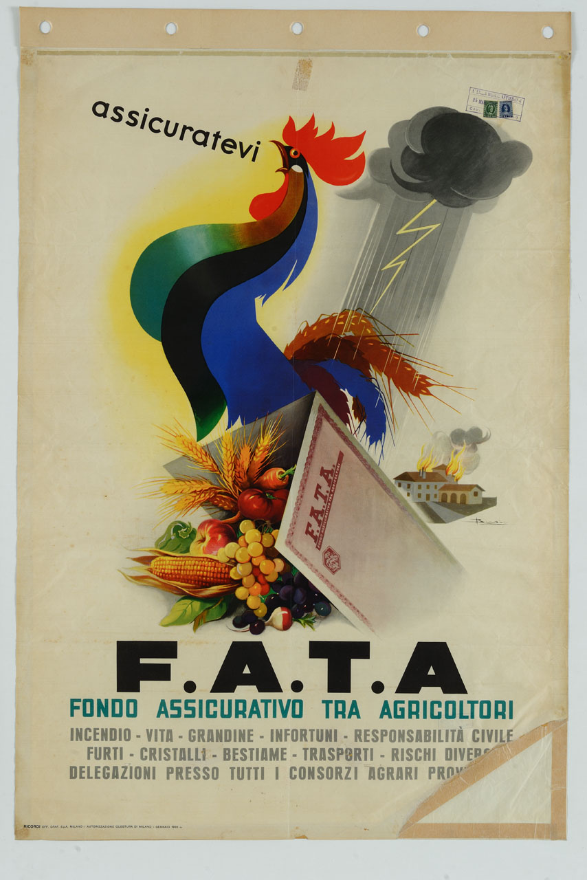 documento assicurativo, frutta verdura e cereali, gallo, nuvole con fulmine e fabbricati in fiamme (manifesto) di Busi Adolfo (sec. XX)