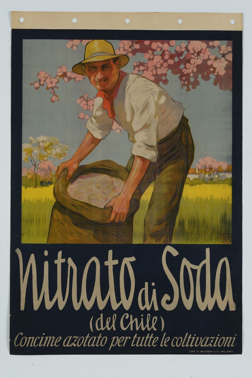 contadino con sacco sullo sfondo di paesaggio rurale (manifesto) di Metlicovitz Leopoldo (primo quarto sec. XX)