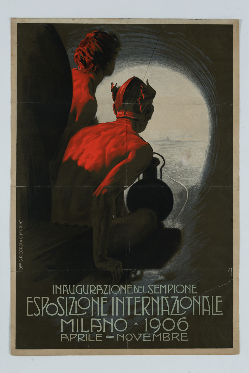 figure maschili su mezzo di locomozione fuoriescono dal traforo del Sempione (manifesto) di Metlicovitz Leopoldo (sec. XX)