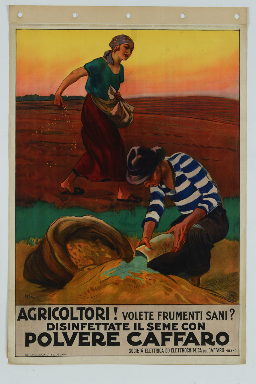 contadina che semina e contadino che cosparge il frumento con polvere anticrittogamica (manifesto) di Metlicovitz Leopoldo (primo quarto sec. XX)