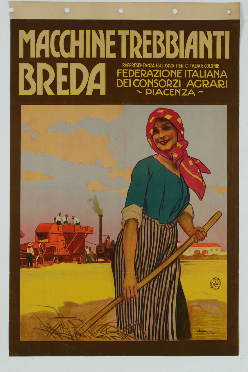contadina e macchina trebbiatrice su campo di frumento (manifesto) di Metlicovitz Leopoldo (prima metà sec. XX)