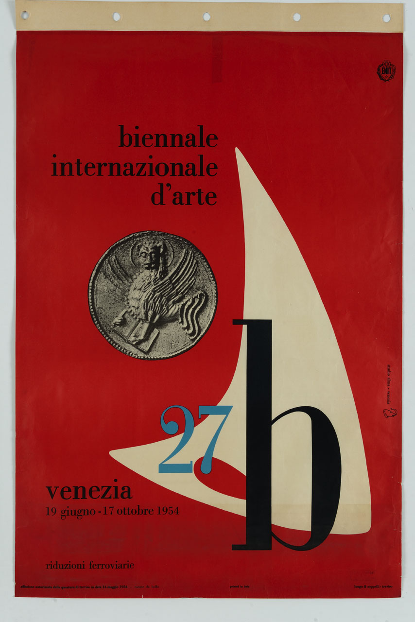 antica moneta veneziana con leone di San Marco e tavolozza stilizzata (manifesto) di Studio Alma (sec. XX)