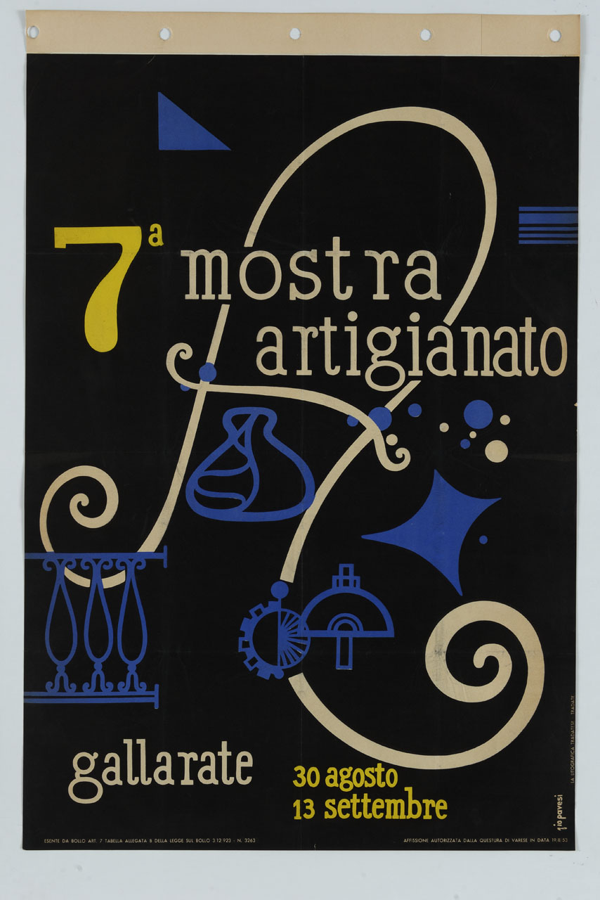 lettera A su fondo nero con oggetti (manifesto) di Pavesi Giorgio (sec. XX)