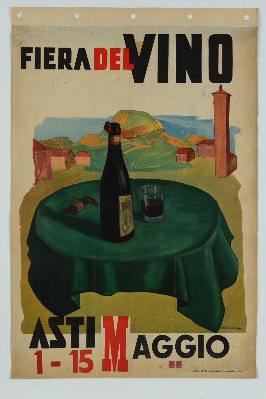 bottiglia di vino stappata e bicchiere su tavolo con paesaggio collinare (manifesto) di Parachinetto Franco (sec. XX)